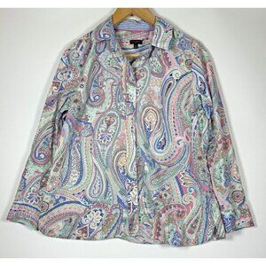 Talbots Shirt Womens Medium Petite Multicolor Paisley Button Down Cotton Blouse